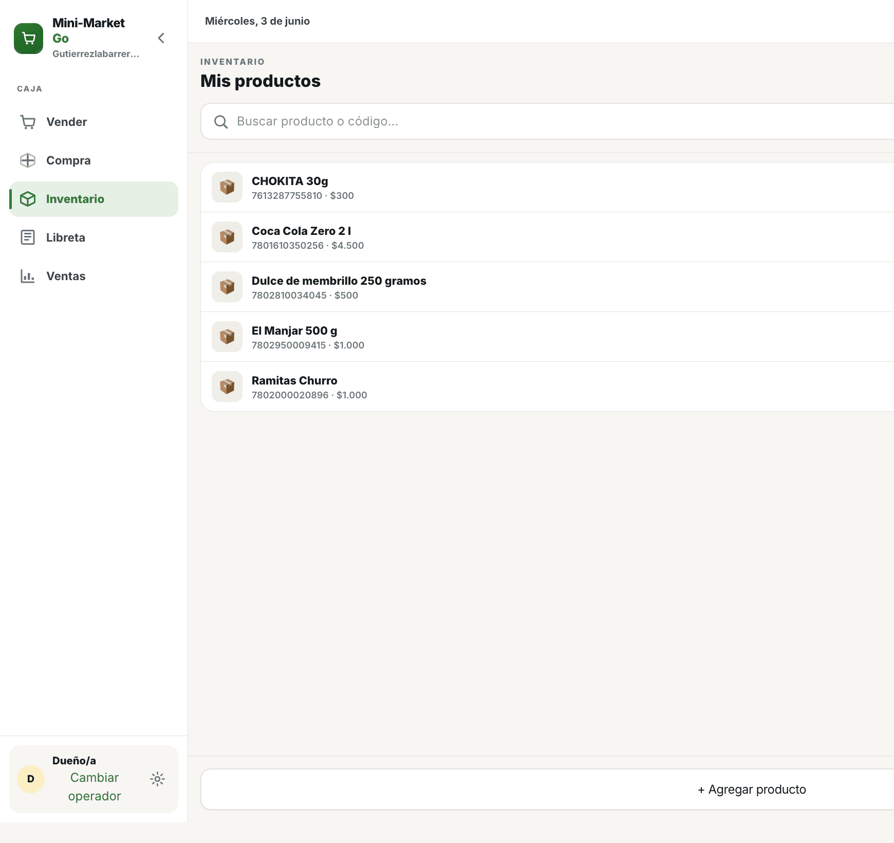 Listado de inventario en Mini-Market Go