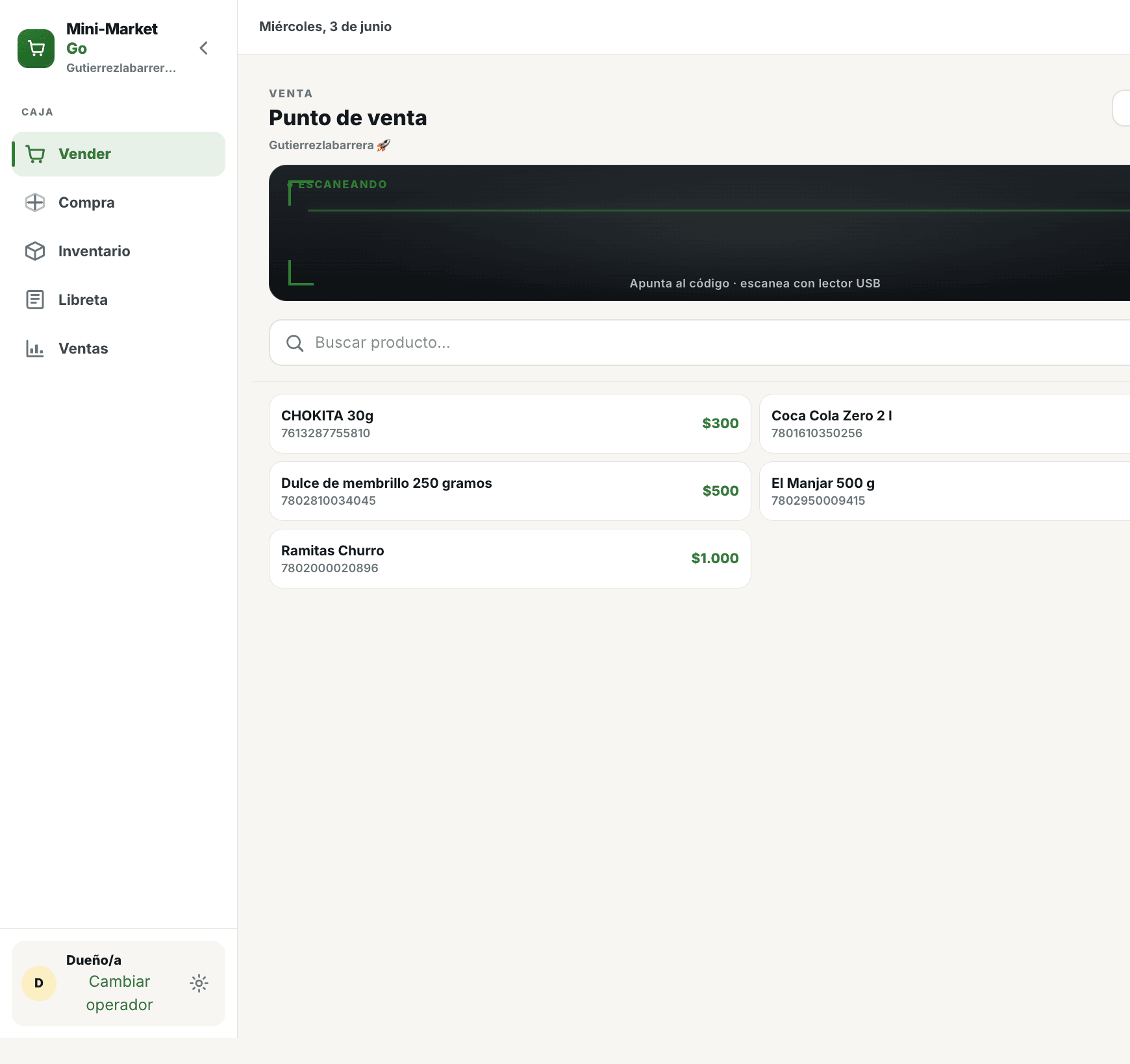 Mini-Market Go en el navegador — pantalla de ventas
