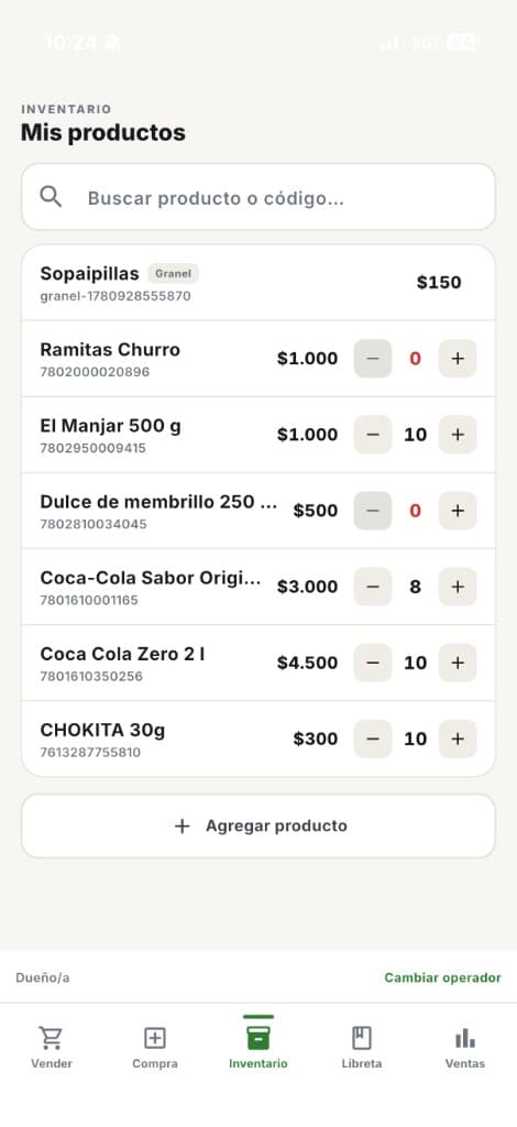 Mini-Market Go en la app móvil — Inventario